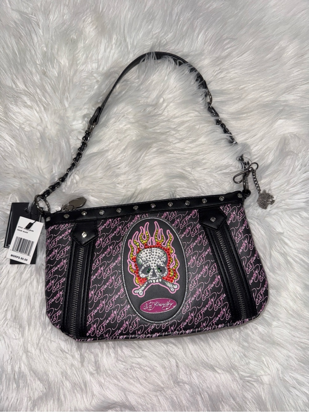 Ed Hardy Black and Pink Rhinestone Flame Skull Shoulder Bag